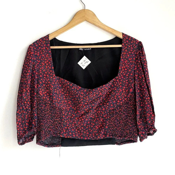 NWT Zara Micro floral Sweetheart neckline HAlf Sleeve Crop Top XL - Picture 4 of 6